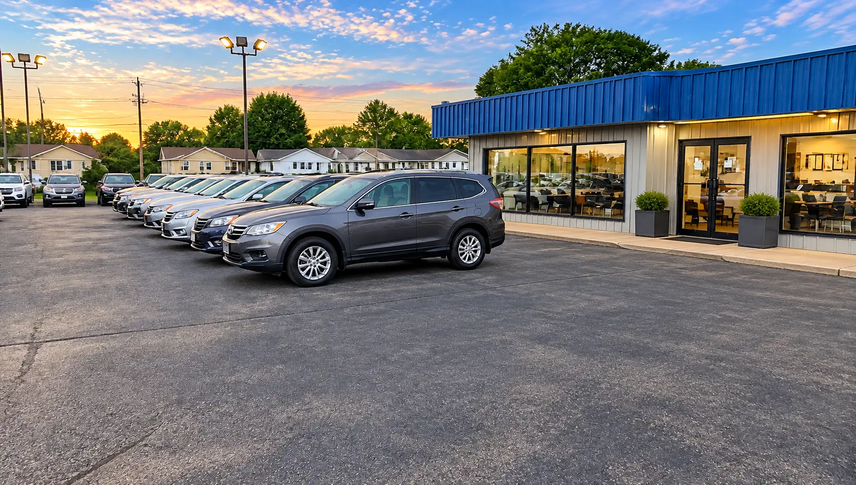 A row of pre-owned cars and SUVs parked outside a used car dealership at dusk